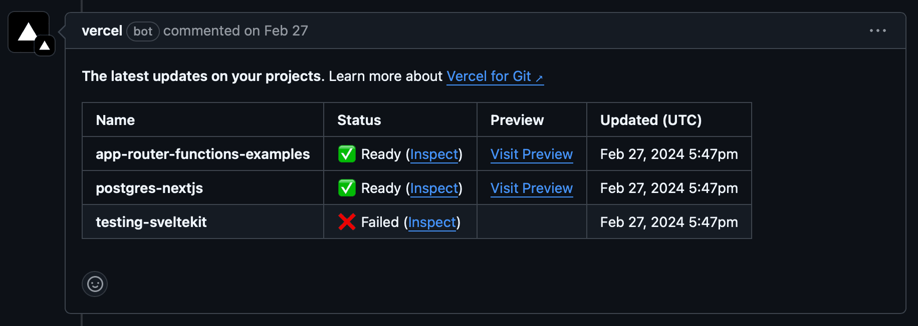 An example of Deployment URLs provided for a Deployment through Git.