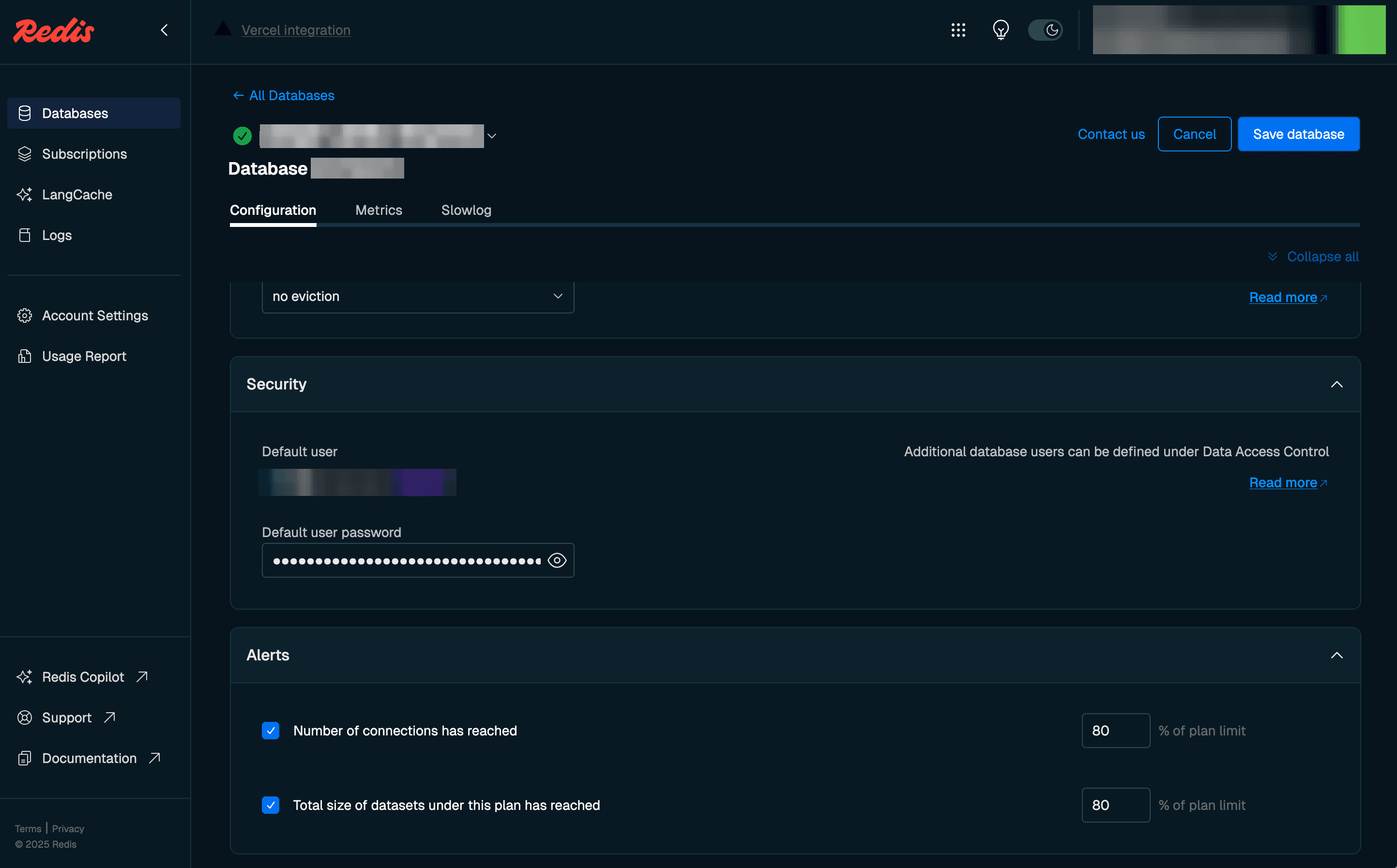 The security section for a Redis dashboard. The form is in Edit mode, allowing the password to be updated.